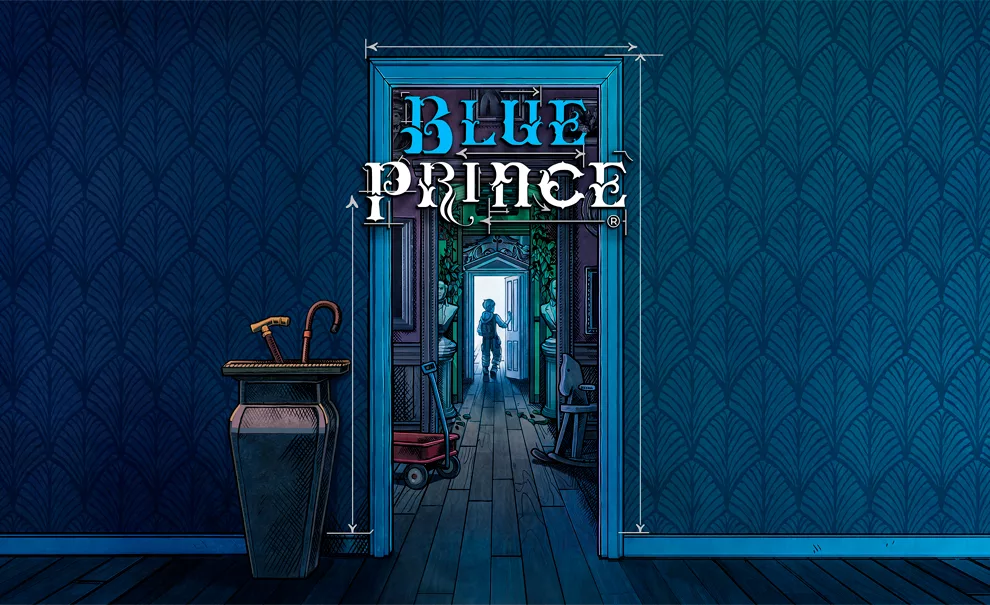 Um corredor com papel de parede azul mostrando uma pessoa por uma porta, atravessando várias portas e salas distintas e a logo de Blue Prince acima.