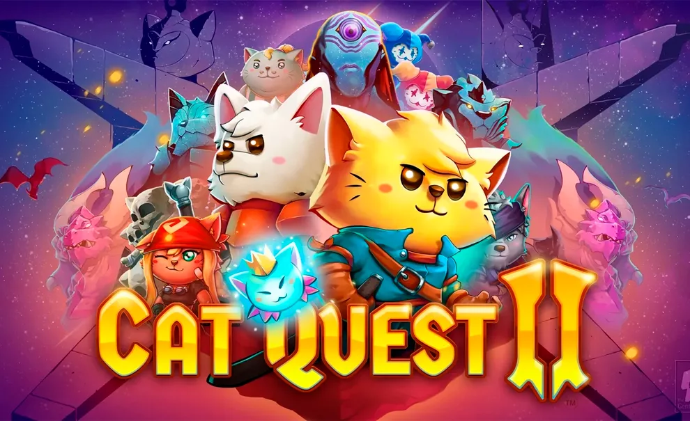 Capa de Cat Quest 2 com o gato e o cachorro protagonistas à frente e vários personagens ao fundo.