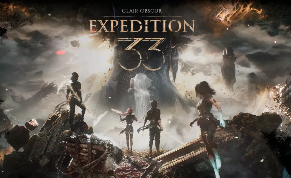 Capa de Clair Obscur Expedition 33 com personagens olhando em direção a numeração e para a Artista.