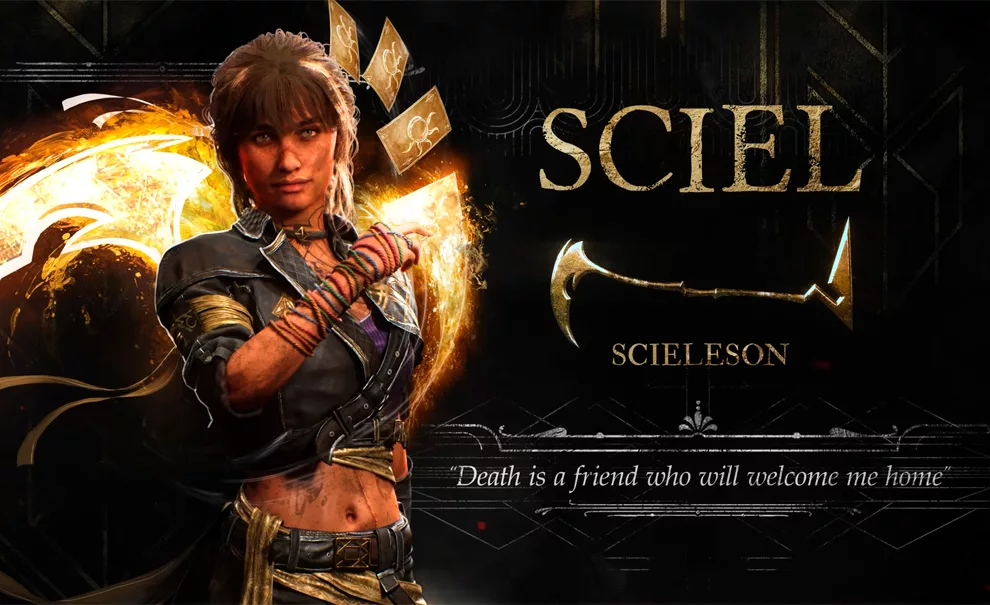 Personagem Sciel de Clair Obscure: Expedition 33, com cartas douradas nas mãos.