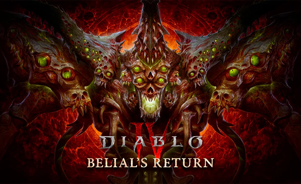 Capa de Diablo IV Retorno de Belial com o próprio Belial e seus vários olhos ocupando a imagem inteira.