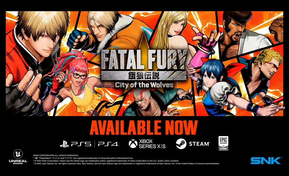Capa de Fatal Fury: City of the Wolves, com várias personagens em um vitral.