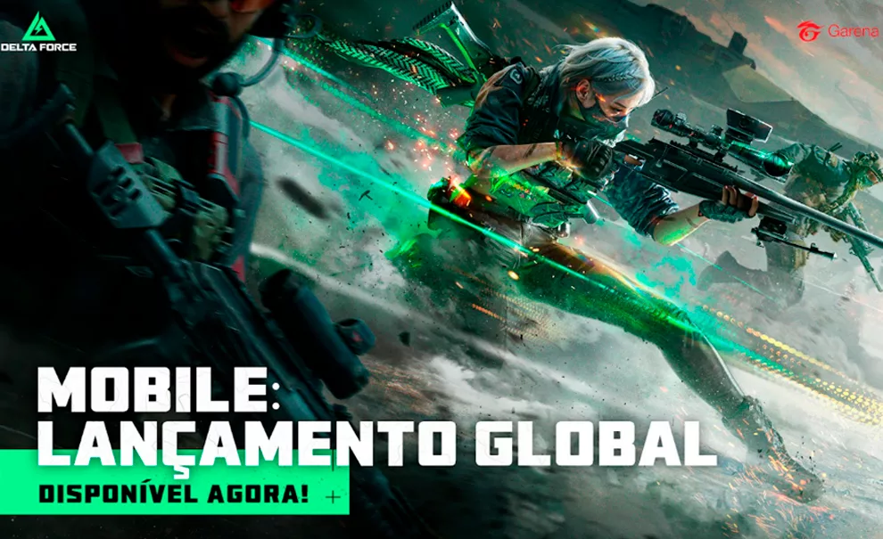 Imagem de lançamento do Garena Delta Force Mobile com 3 operadores armados olhando para a direita da tela em posição de ataque.