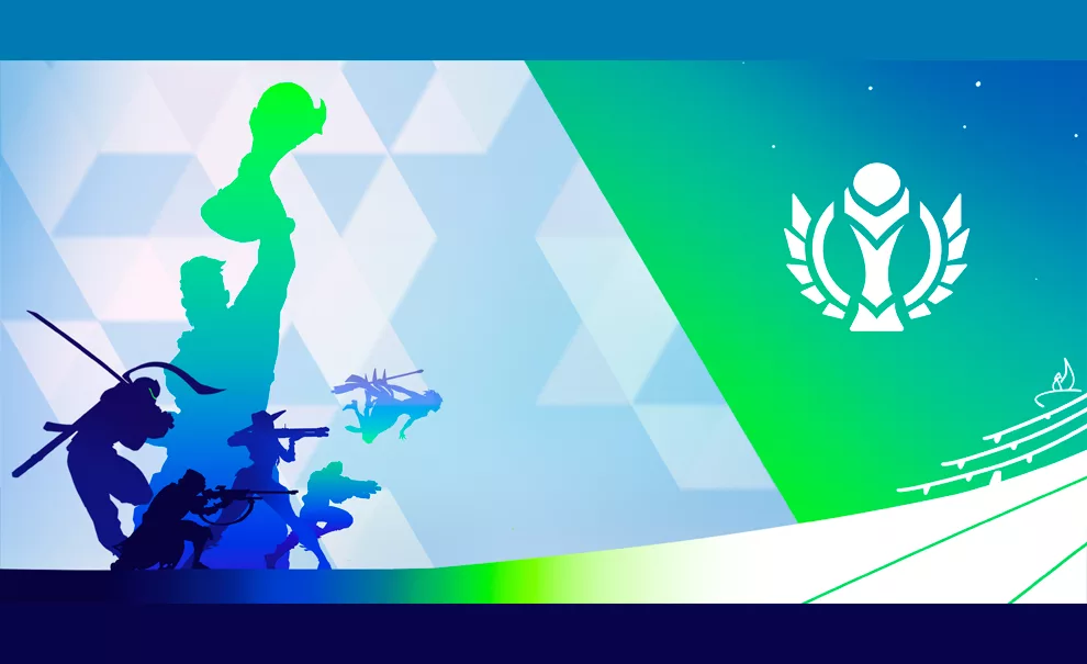 Imagem como de um poster com a silhueta de vários heróis de Overwatch 2 e a logo do Estádio com uma taça de campeão.