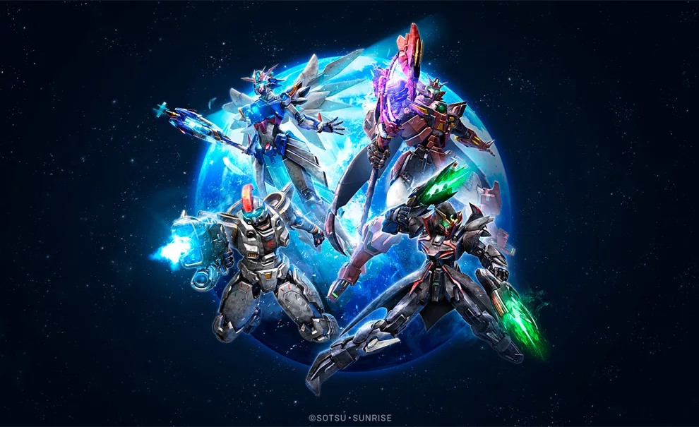 Overwatch 2 e Gundam - Imagem é a parceria entre grandes empresas com 4 Heróis e seus trajes no espaço.