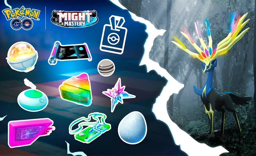 Imagem de Pokémon GO com Xerneas à direita e recompensas à esquerda.