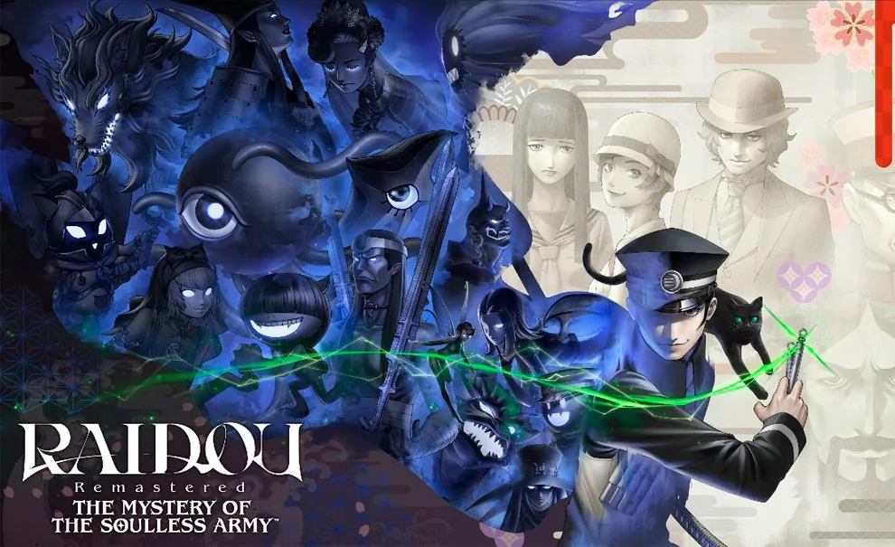 Imagem de Raidou Remastered com personagens à direita e monstros à esquerda.