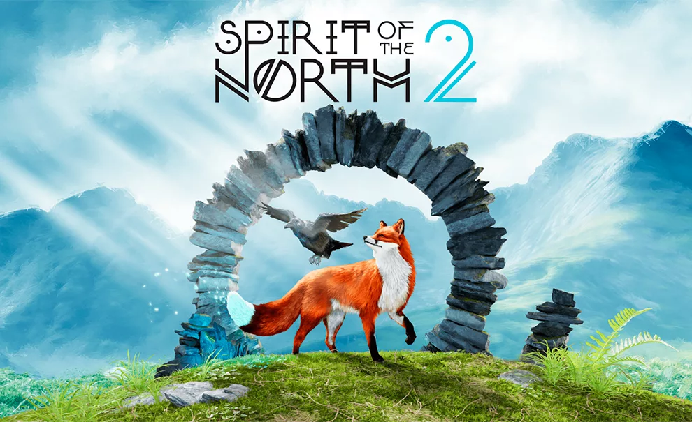 Capa de Spirit of the North 2 com a raposa e o corvo dentro de um portal de pedras que está em um gramado.
