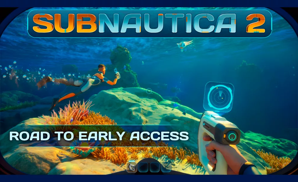 2 pessoas mergulhando no fundo do mar com aparelhos que possuem radares e a logo de Subnautica 2