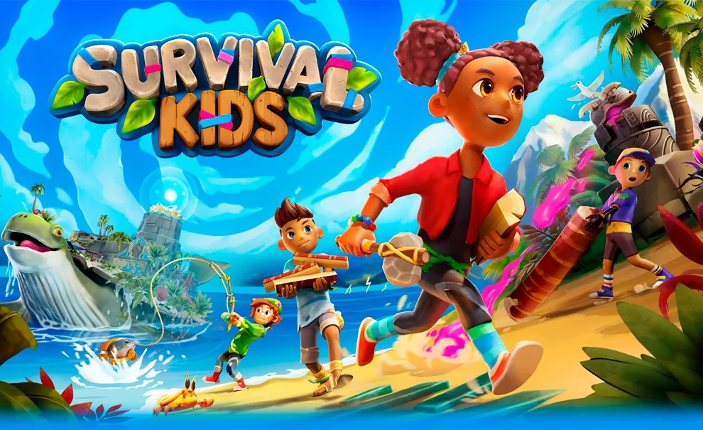 Capa de Survival Kids com as 4 crianças fazendo tarefas e um Whurtle olhando pra elas e sorrindo de longe.