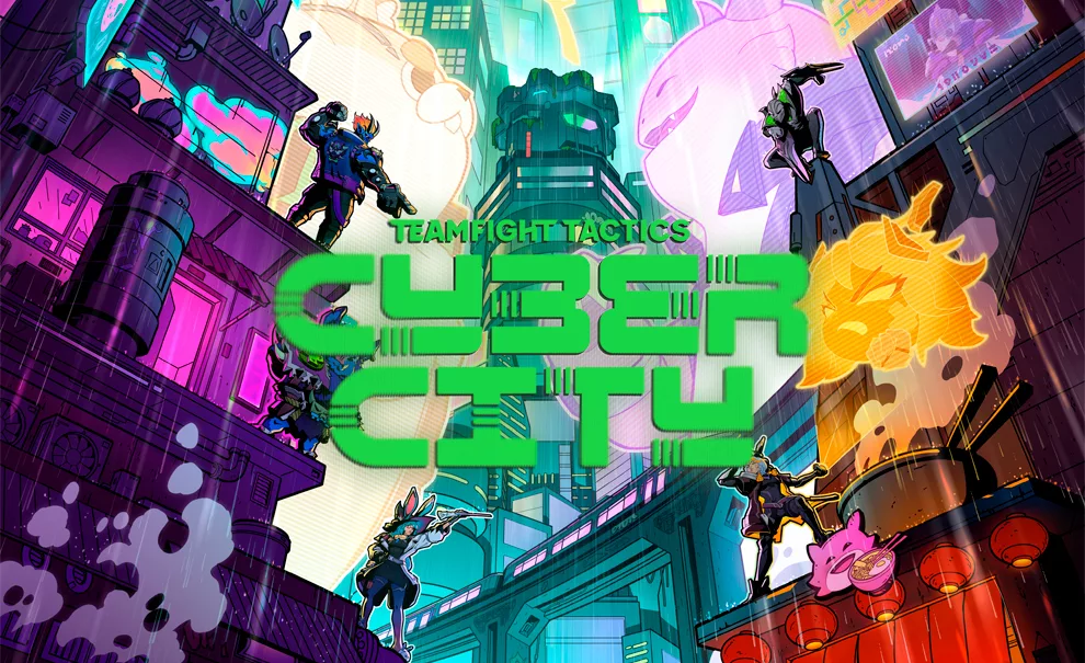 Teamfight Tactics Cidade Cibernética e sua capa em uma cidade com muito neon e Fumaça.