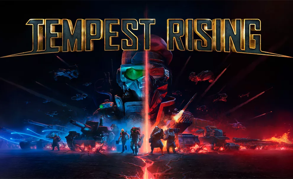 Logo de Tempest Rising com as duas facções representadas meio a meio na imagem.