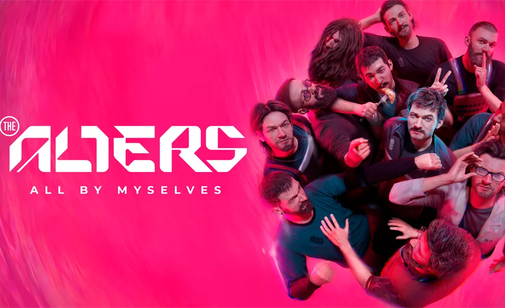 Fundo toda rosa, várias versões de Jan à direita e a logo de The Alters a esquerda.