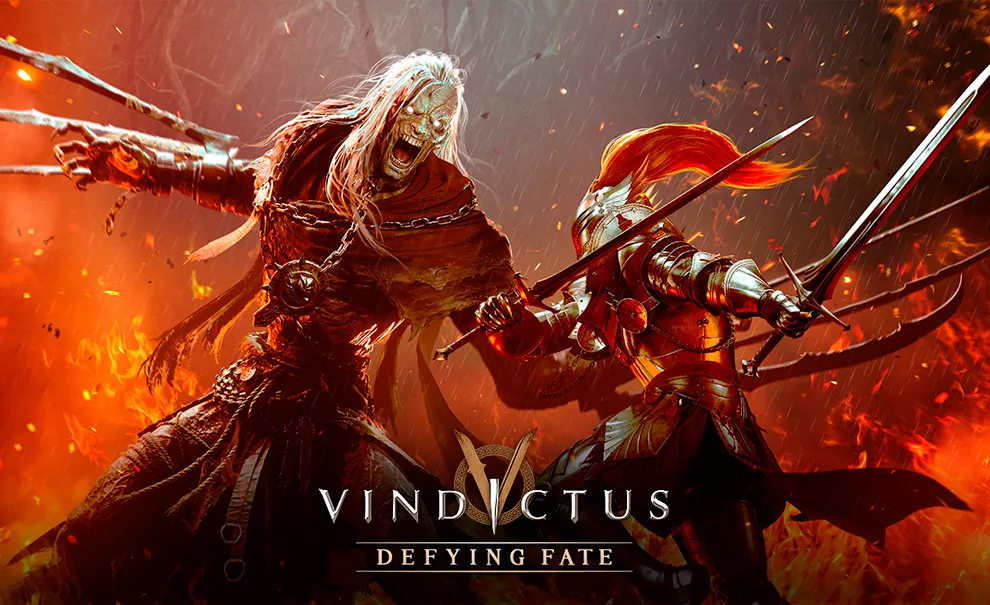 Um monstro humanoide e a personagem protagonista lutando em um local com fogo e a logo de Vindictus Defying Fate à frente.