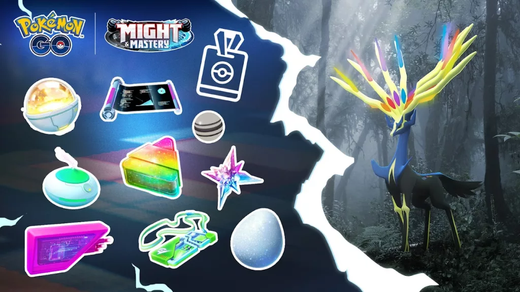Imagem de Pokémon GO com Xerneas à direita e recompensas à esquerda.