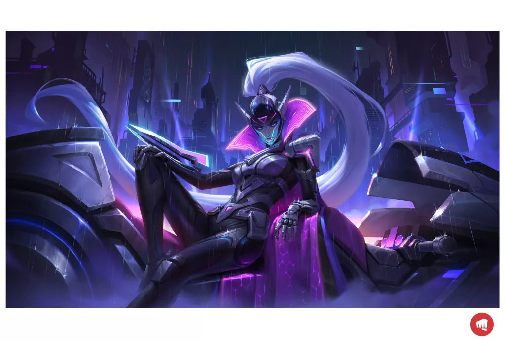 Projeto Vayne Liberta com uma armadura com muito preto e roxo e neon.