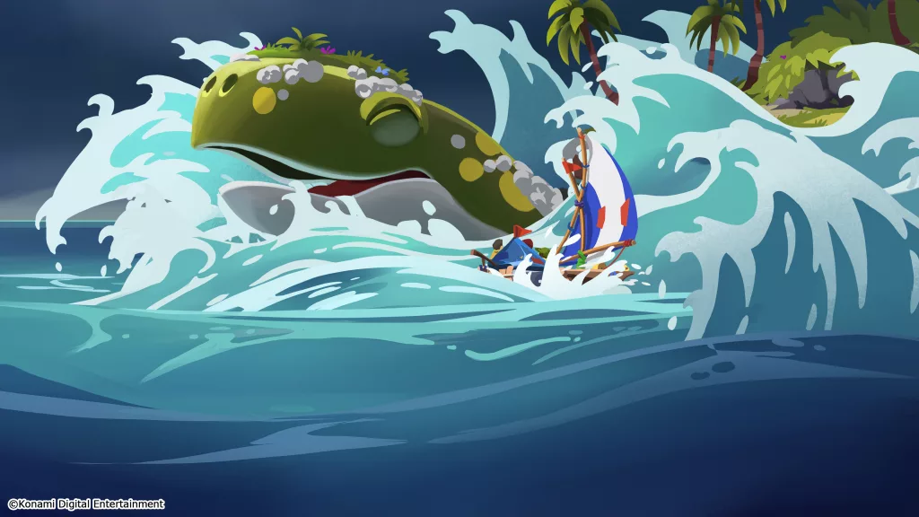 Uma Whurtle de Survival Kids, mistura de baleia e tartaruga nadando próximo as crianças.