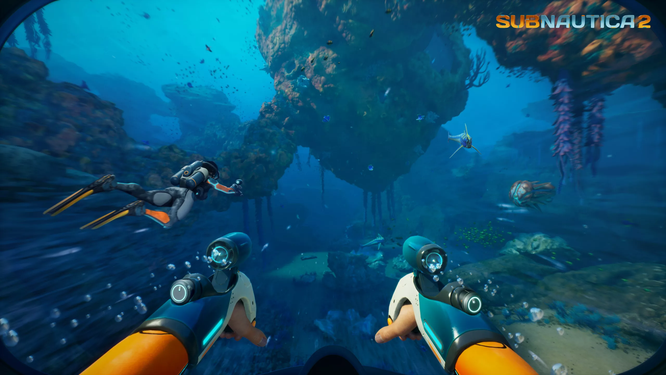 Personagem de subnautica 2 com algum aparelho que acelera a natação.