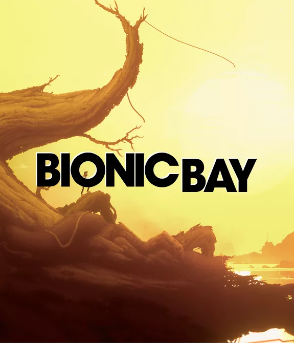 Personagem de Bionic Bay em um tronco de árvore retorcido observando água e o que parece ser uma torre, e a logo do jogo à frente.