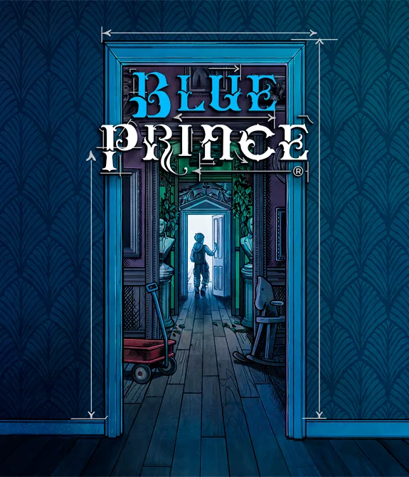 Um corredor com papel de parede azul mostrando uma pessoa por uma porta, atravessando várias portas e salas distintas e a logo de Blue Prince acima.