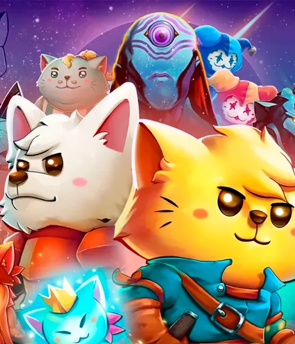 Capa de Cat Quest 2 com o gato e o cachorro protagonistas à frente e vários personagens ao fundo.