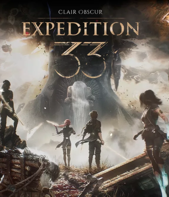 Capa de Clair Obscur Expedition 33 com personagens olhando em direção a numeração e para a Artista.