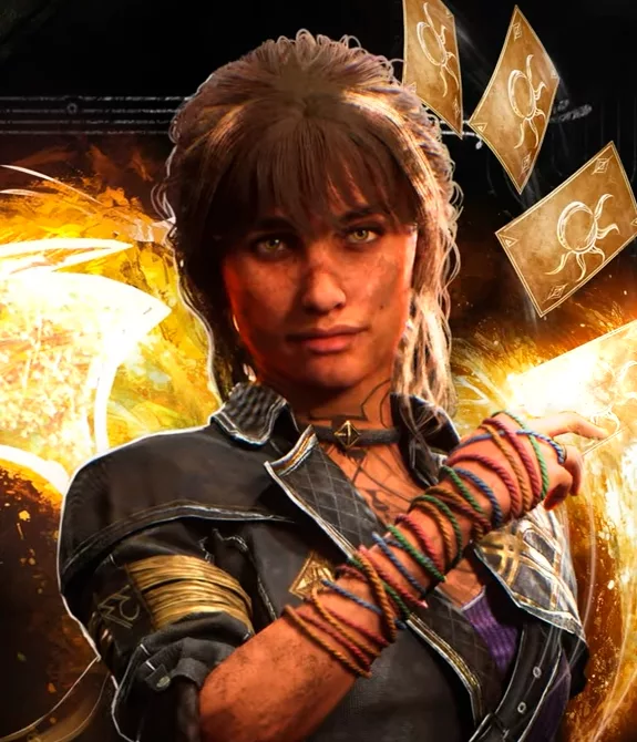 Personagem Sciel de Clair Obscure: Expedition 33, com cartas douradas nas mãos.