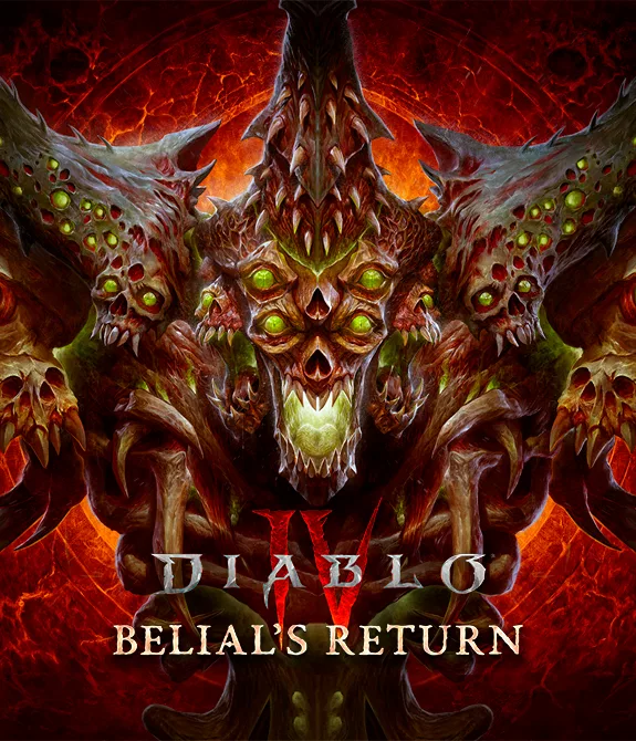 Capa de Diablo IV Retorno de Belial com o próprio Belial e seus vários olhos ocupando a imagem inteira.