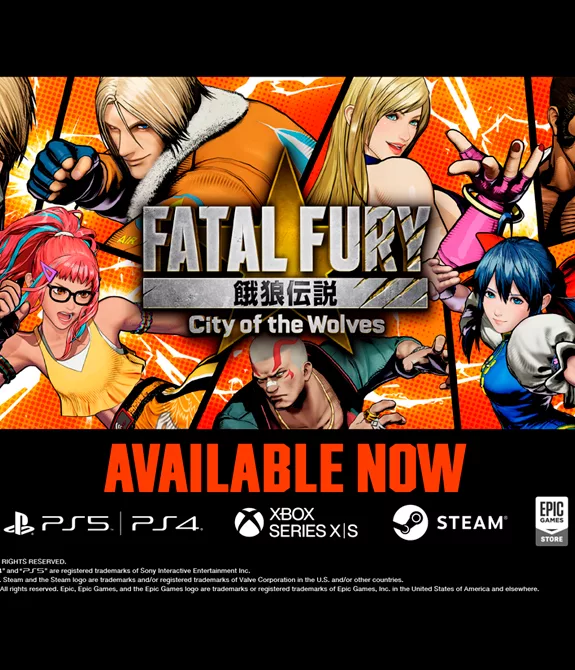 Capa de Fatal Fury: City of the Wolves, com várias personagens em um vitral.