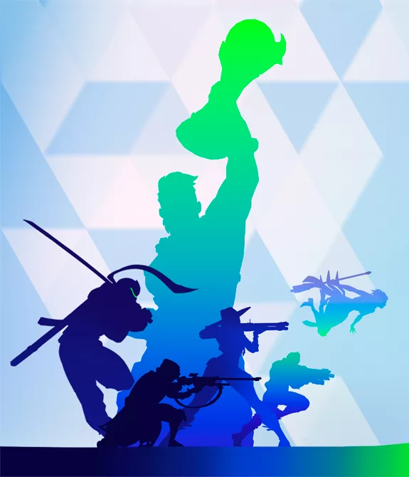 Imagem como de um poster com a silhueta de vários heróis de Overwatch 2 e a logo do Estádio com uma taça de campeão.