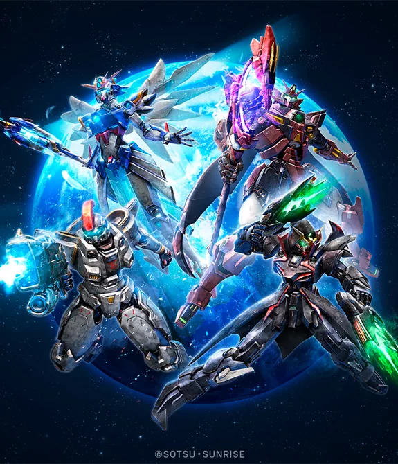 Overwatch 2 e Gundam - Imagem é a parceria entre grandes empresas com 4 Heróis e seus trajes no espaço.