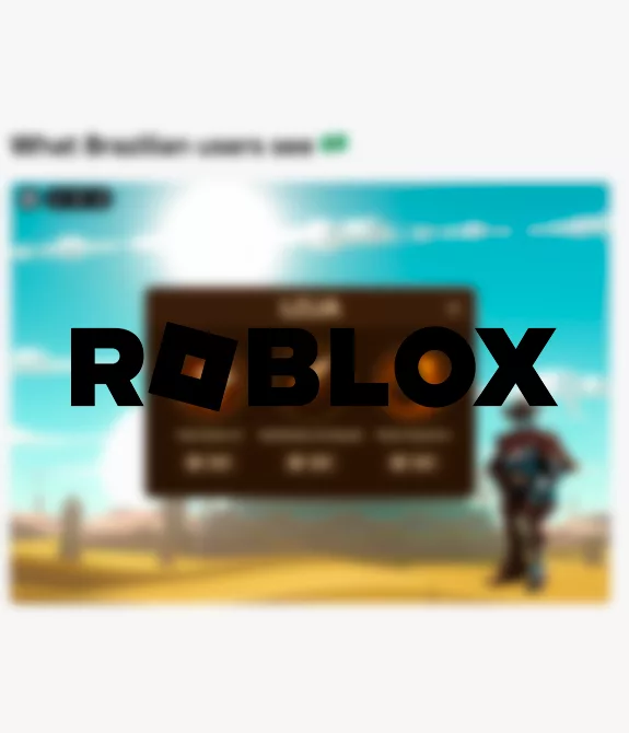 Tela com diferença de preços regionais borrada e a logo de Roblox à frente.