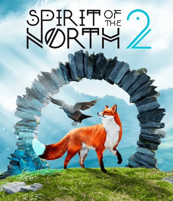 Capa de Spirit of the North 2 com a raposa e o corvo dentro de um portal de pedras que está em um gramado.