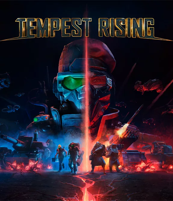 Logo de Tempest Rising com as duas facções representadas meio a meio na imagem.