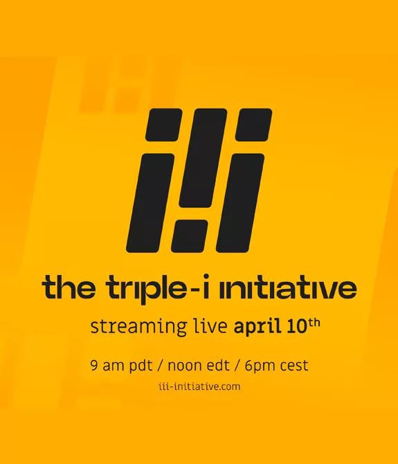 Fundo amarelo, inscrições sobre a live da The Triple-i Initiative e sua logo.