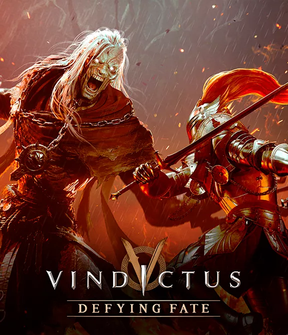 Um monstro humanoide e a personagem protagonista lutando em um local com fogo e a logo de Vindictus Defying Fate à frente.