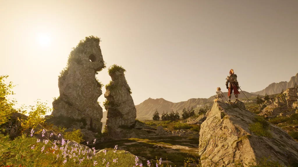 2 personagens, em cima de uma rocha olhando pra um monumento e o sol brilhando ao fundo.