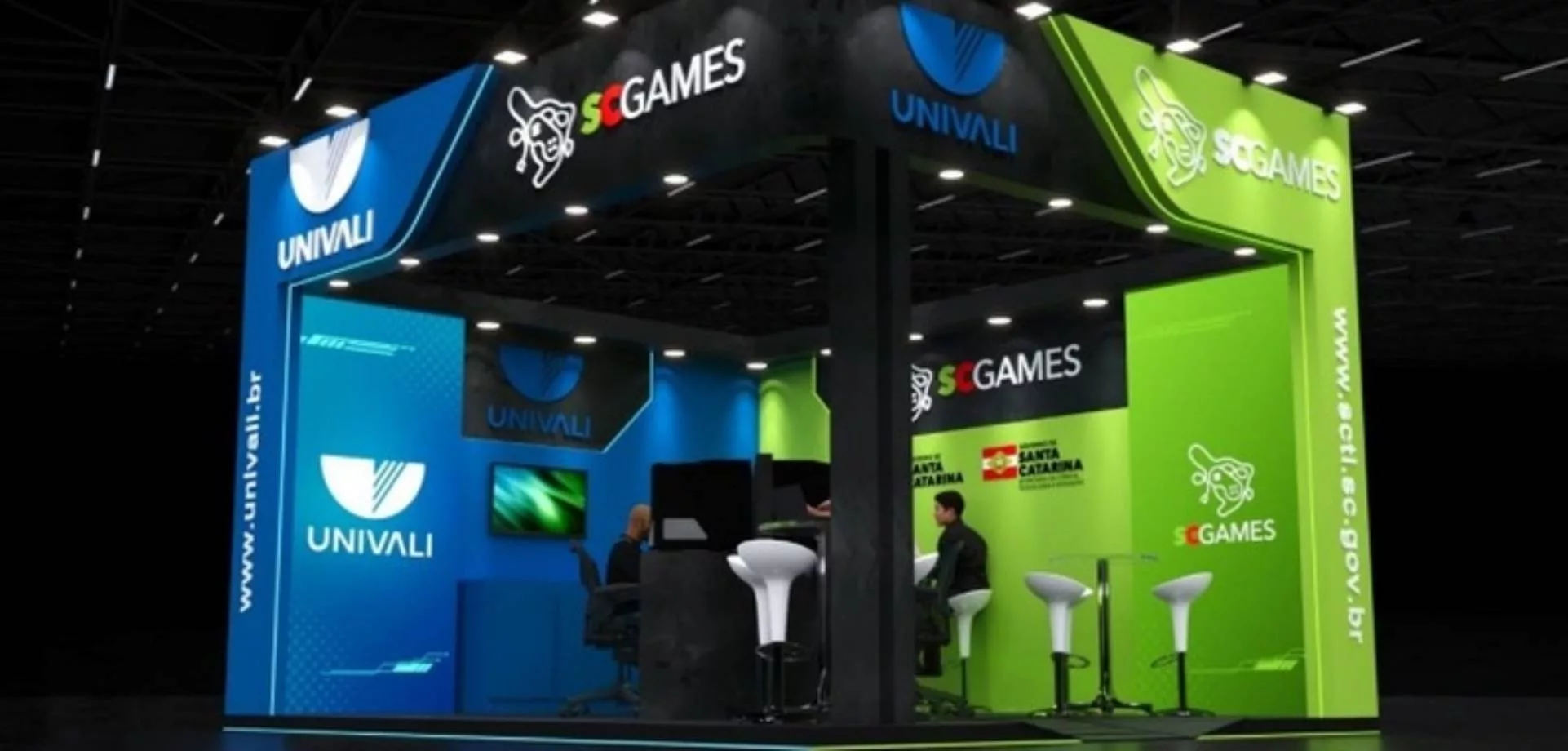 Imagem de simulação do estande da Univali na Gamescom Latam 2025