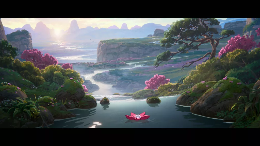 Paisagem mostrando um rio com uma flor. Ao fundo o sol brilhante entre montanhas.
