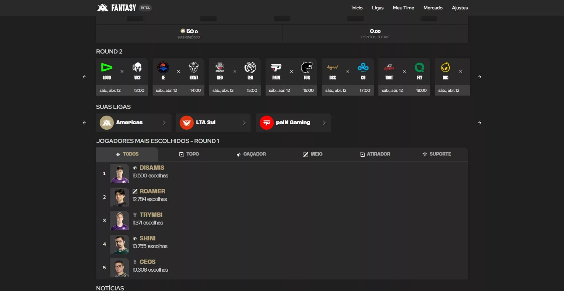 Interface da LTA Fantasy