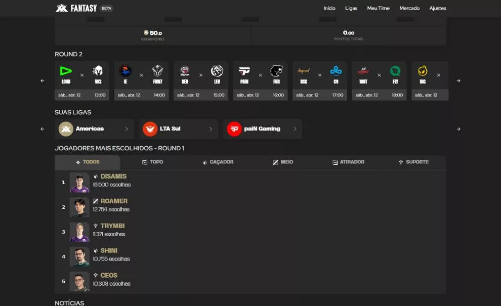 Interface da LTA Fantasy