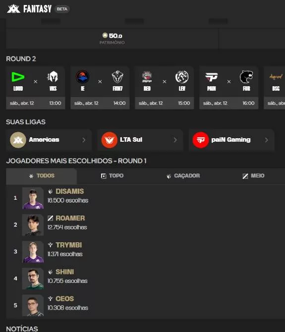 Interface da LTA Fantasy