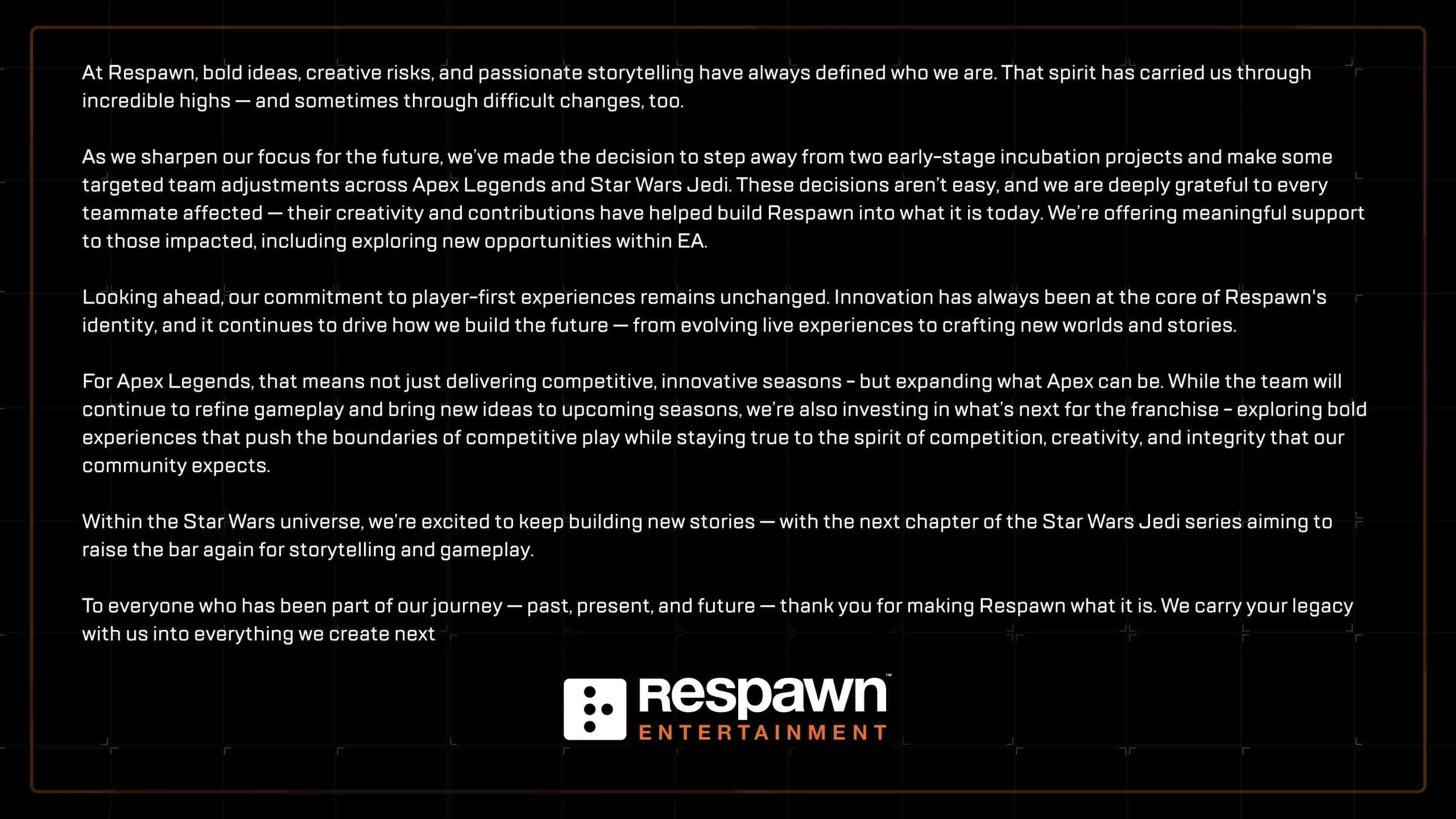 Comunicado da Respawn sobre cancelamentos