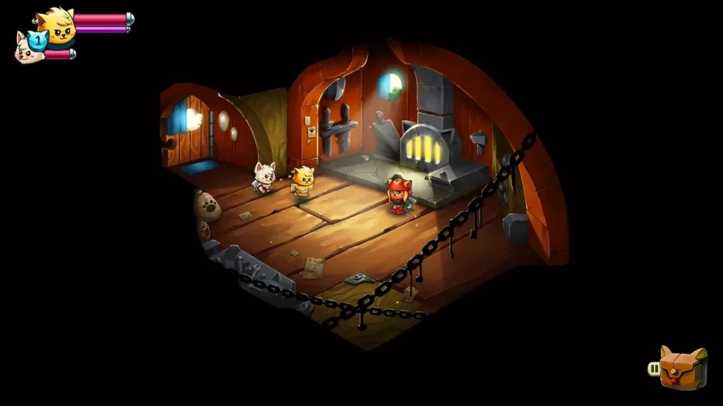 2 protagonistas dentro da casa de um NPC com uma fornalha.