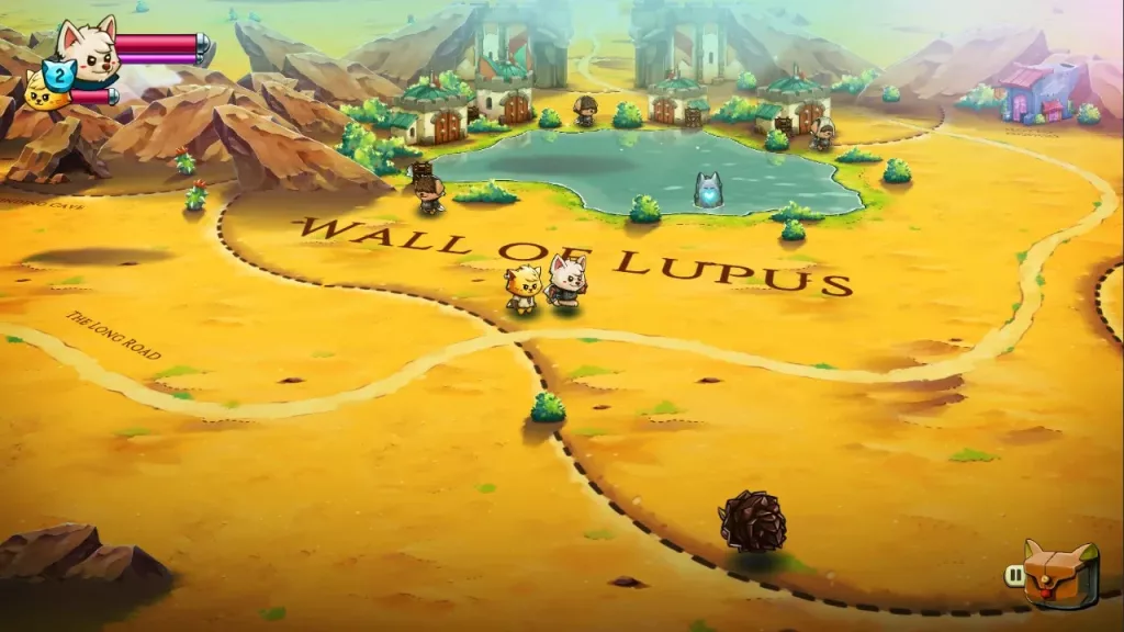 Personagens em um local desértico com o nome de Muralha de Lupus.