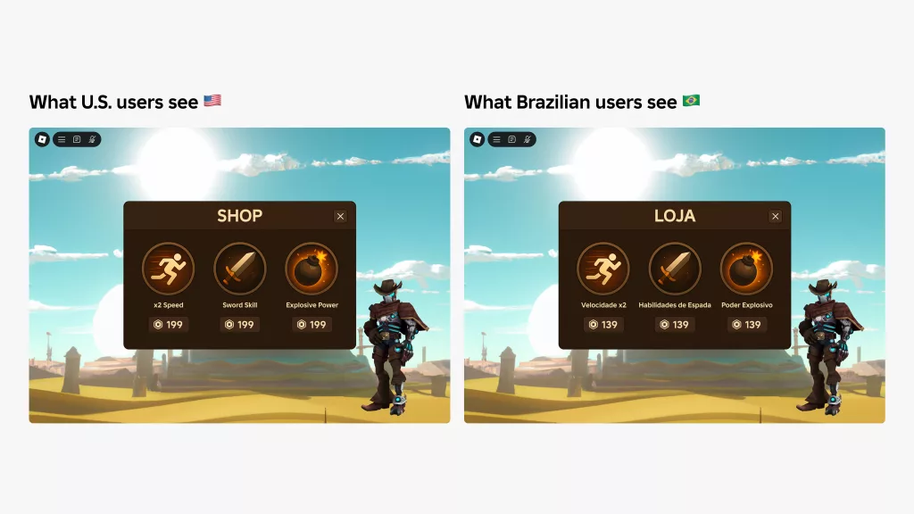 O que usuários dos EUA vêem comparado com o que usuários do Brasil vêem.