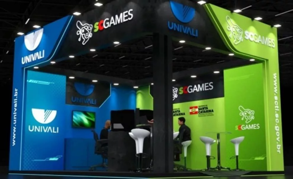 Imagem de simulação do estande da Univali na Gamescom Latam 2025