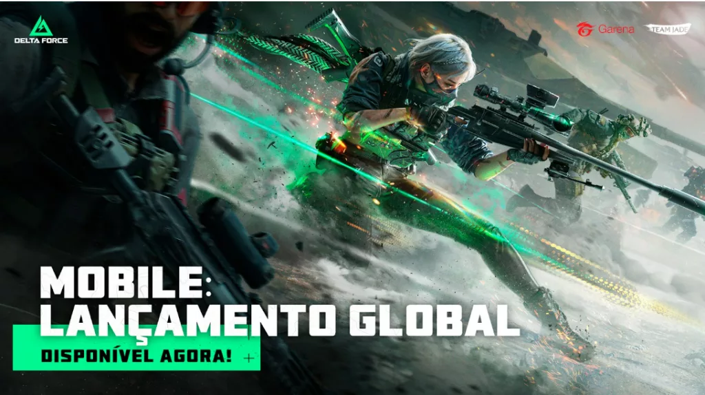 Imagem de lançamento do Garena Delta Force Mobile com 3 operadores armados olhando para a direita da tela em posição de ataque.