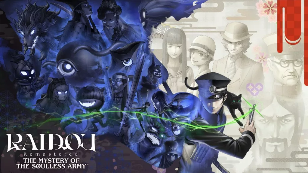Arte do jogo Raidou Remastered com personagens à direita e monstros à esquerda.