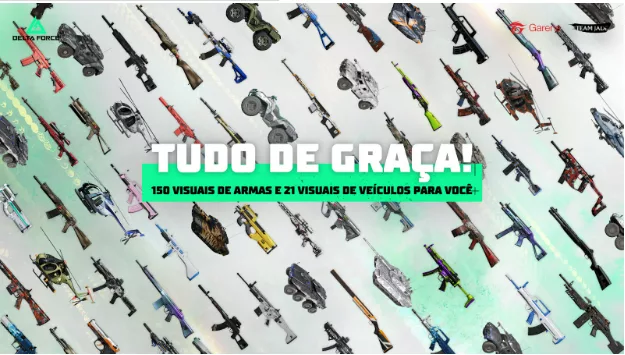 Imagem com muitas armas e veículos e a descrição: Tudo de graça!